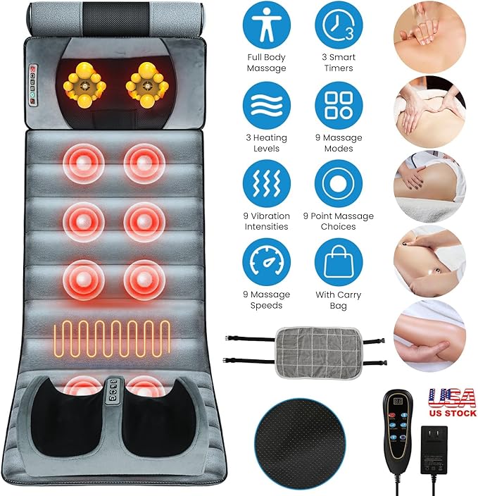 Full Body Massage Mat with Heat Massage Heating Pad Electric Vibration Massage Pad Cushion Massage Mattress Heated Chair Pad with Timer Anti-Slip Bottom Earplugs for Back Neck Foot Kneading
