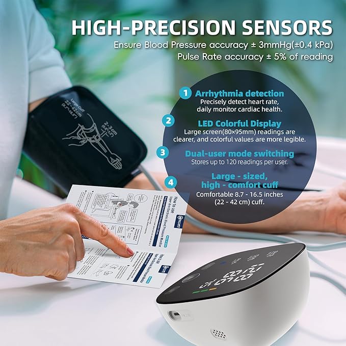 Upper Arm Electronic Blood Pressure Monitor, Adjustable Wide Range Cuff 8.5''-16.5'', Blood Pressure Monitor for Home Travel Use, Large LED Digital Display with 2×120 Memory