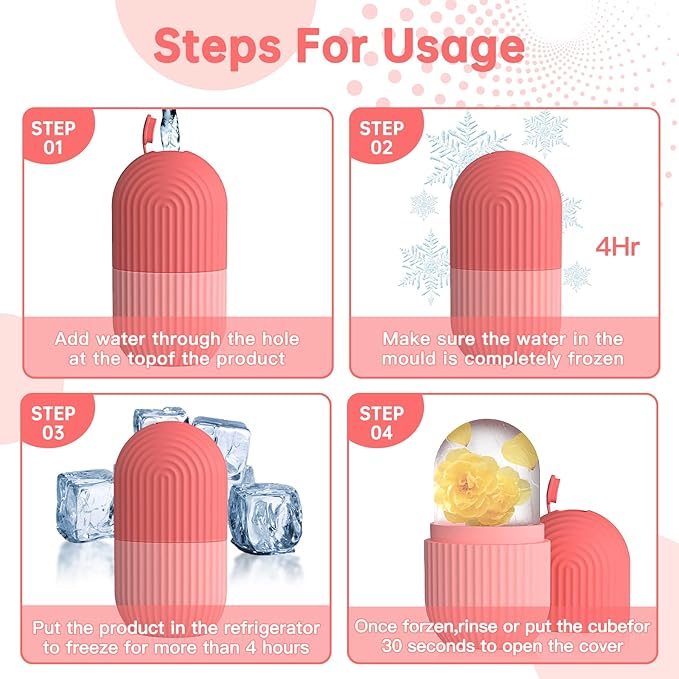 Ice Roller for Face and Eye，Ice Cube Roller Massager for Skin Women Care Tools, Naturally Conditioning De-Puff Eye Bags, Reduce Migraine Pain， Reusable Massage Silicone Ice Mold （Pink）