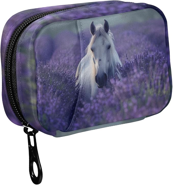 Fustylead Beautiful White Horse in Lavender Flower Field Pill Organizer Case with Zipper 2 Times A Day for Vitamin and Supplement, 7 Day Travel Organizer Medicine Case