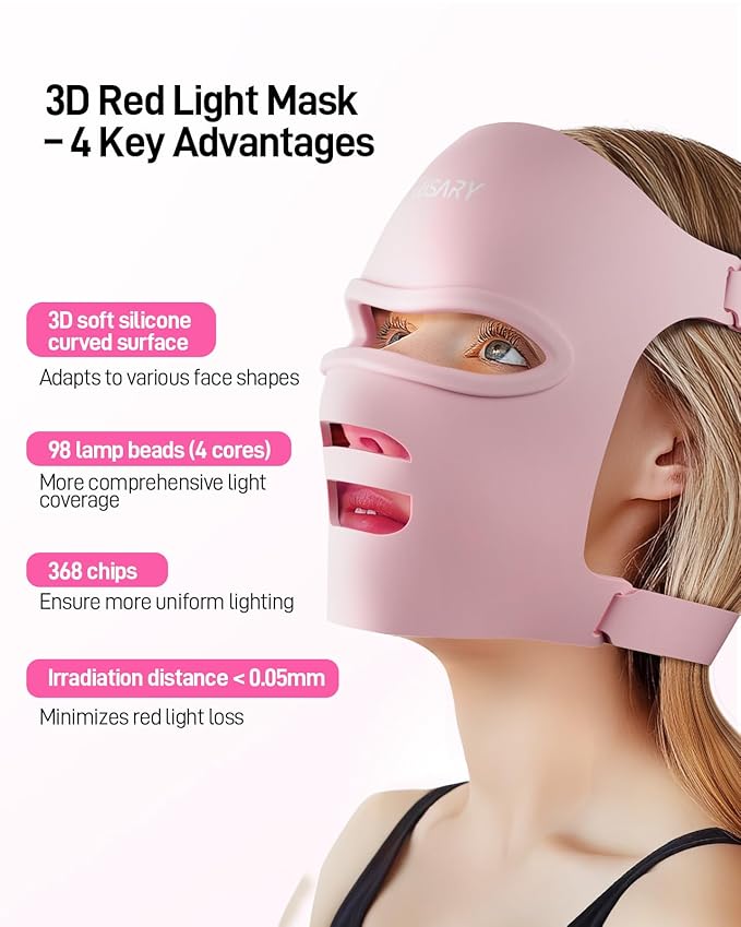 Red Light Mask, Silicone Cordless Led Mask with 368 Chips 2000mAh Rechargeable 3 Modes & Timer, Blue Light Infrared Face Mask Home Travel Working, Pink