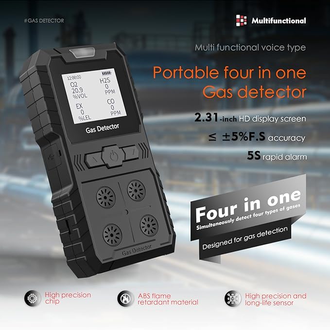 Portable 4 Gas Monitor Multi Gas Detector，Portable Gas Detector Rechargeable 4 Gas Monitor Ex H2s Co O2 with LCD Display Sound Light Shock confined Space air Monitor (Black)