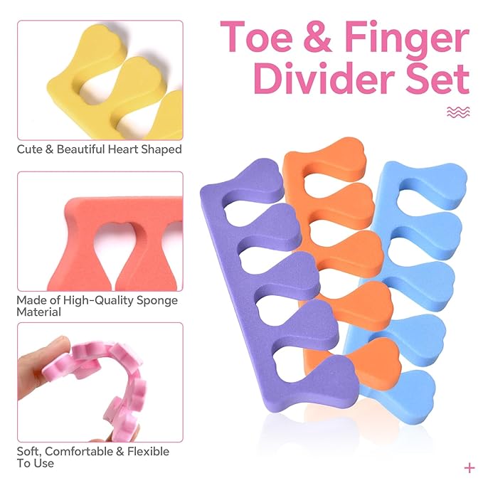 Toe Separators Set 24pcs Colorful Heart Sponge Toe Spacers Soft Foam Toe Finger Dividers for Nail Art, Polishing Gel Painting Toe Separators for Men & Women Spa, Pedicure, Manicure Tool