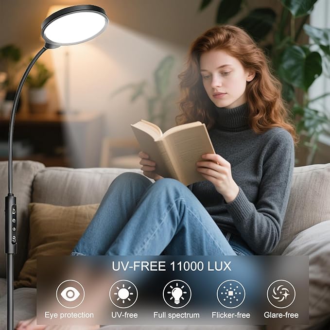 Light Therapy Lamp 11000 Lux, 3 in 1 UV-Free LED Sunlight Lamp with 9 Brightness Levels & 7 Color Temperatures, Height Adjustable Floor Light, Full Spectrum Happy Therapy lamp for Home Office Bedroom