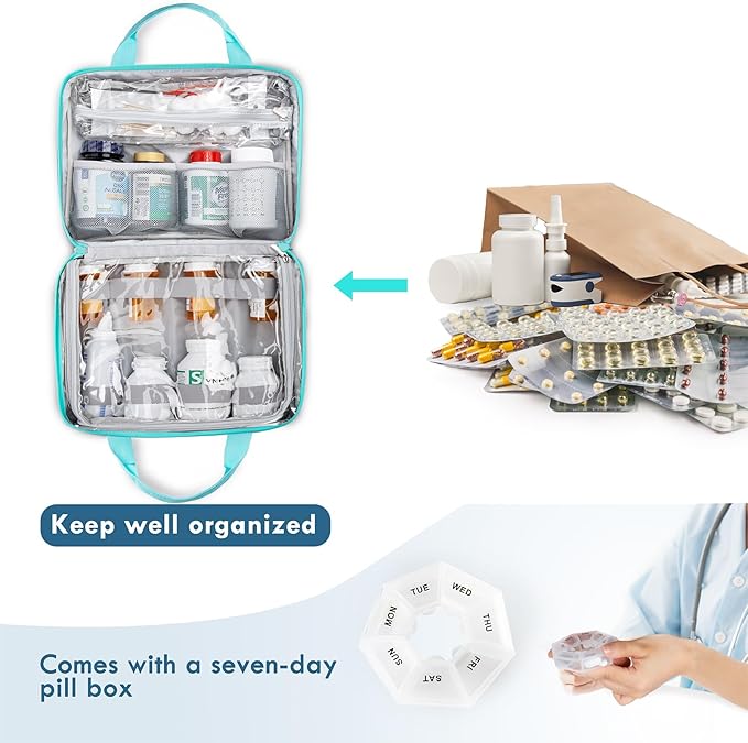 BAGSFY Medicine Bag for Traveling, Pill Bottle Organizer Storage, Large Medication Travel Case, Pills Box for Vitamin, First Aid Kit Bags Empty. (Comes with Weekly Pill Organizer)
