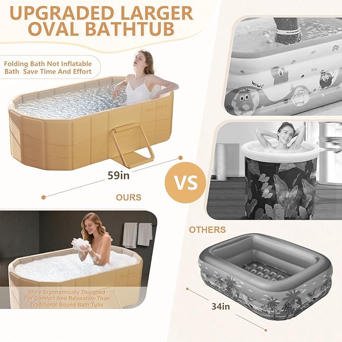 Gets 59" XXL Oval Ice Bath Tub For Athletes,Portable Bathtub for Adults Foldable Soaking Standing Hot Bath Tub for Shower Stall,Separate Family Bathroom SPA (Golden,59"×22"×19")