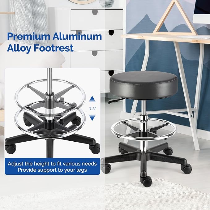 JMU Rolling Stool Heavy Duty 400lb with Footrest,PVC Leather Large Seat,Swivel Rolling Adjustable Height for Salon Spa Work Office Clinic Dentist Dentists Healthcare, Black