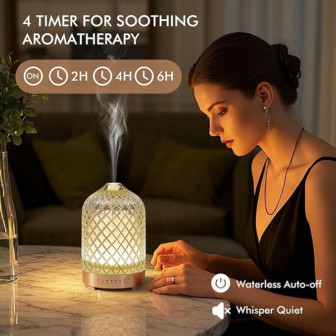 Essential Oil Diffuser 200ml-Ultrasonic Aroma Diffuser with 4 Timers, Aromatherapy Diffuser 7 Color LED Lights Auto Shut-Off Protection for Home Office (Rhombus-Glass)