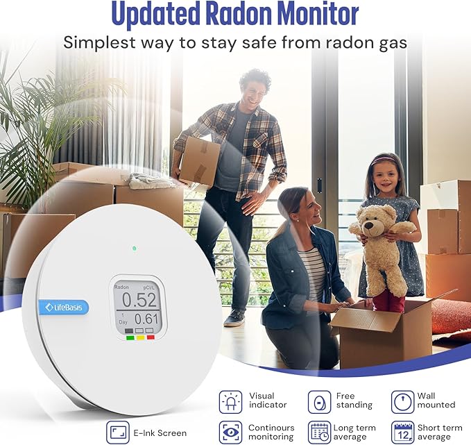 LifeBasis Radon Detector for Home, Portable E-Ink Display Radon Meter with Short & Long Term Monitoring of Radon Levels, Switchable Mesurement Unit Bq/m3 or pCi/L, Battery-Powered