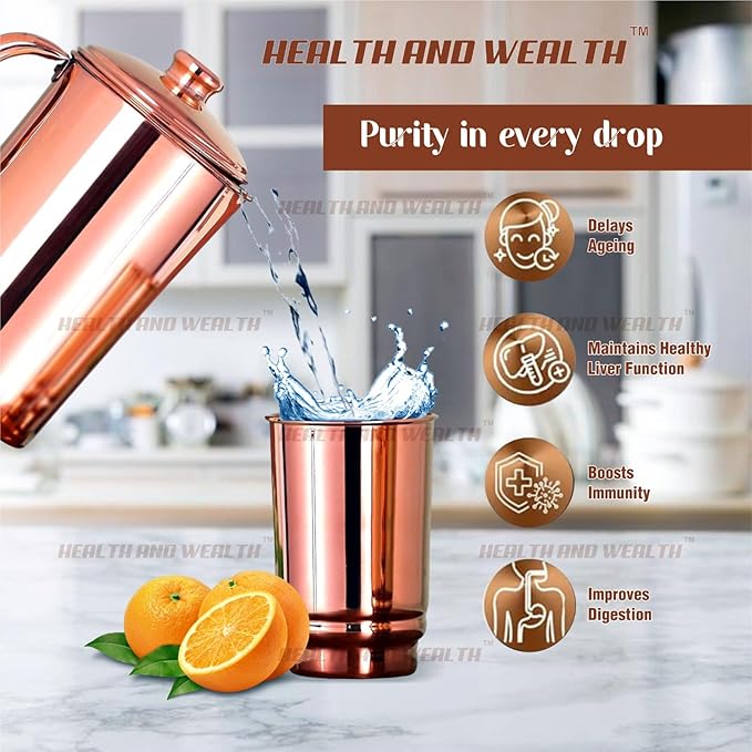 Pure Copper Pitcher for Ayurvedic Health Benefits 1.5 liter Handcrafted Copper Water Jug with Matching Lid | for Ayurveda Health Benefits (50.7 US Fluid Ounce)