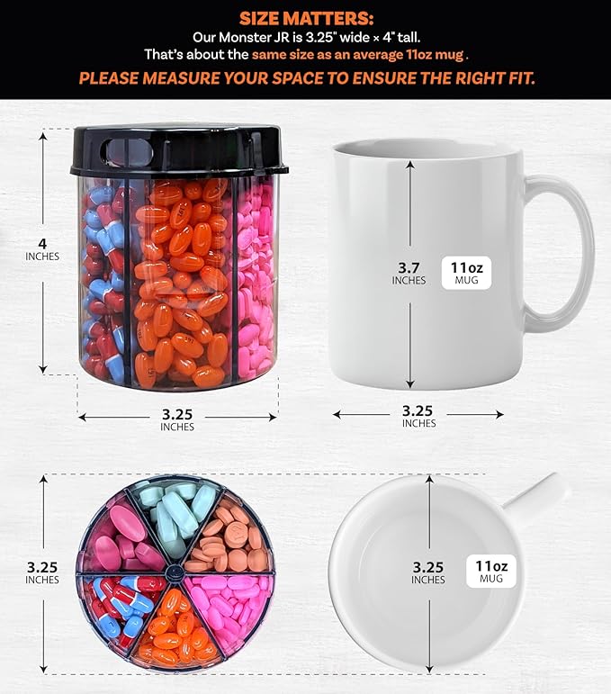 Monster Jr Supplement Pill Dispenser - Holds Small Medium Medication Vitamins and Easily Dispense from One Container Includes Compartment Labels ( 1 Pack)
