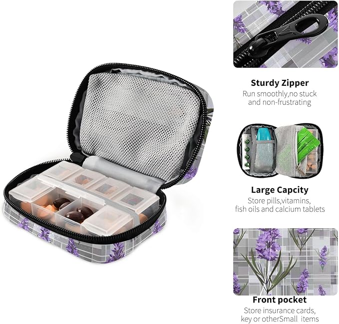 Lavender Flowers Grey Plaid 7 Day Travel Pill Organizer Case Weekly Small Pill Case Vitamin Supplements Holder with Zipper