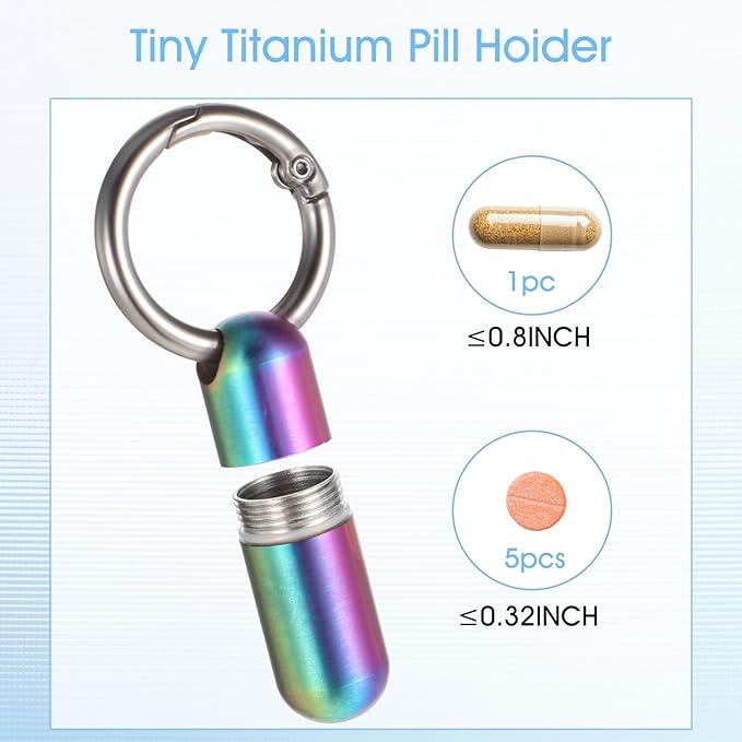 Small Pill Case Keychain Tiny Portable Carabiner Clip Pill Holder Bottle Micro Waterproof Metal Pill Container Mini Emergency Medicine Organizer for Outdoor Camping Travel Purse (Colorful)