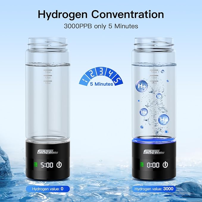 Hydrogen Water Bottle with LED Display, 3000ppb Portable Water Ionizer Machine with SPE/PEM Technology in 5-Minute Electrolysis, Rechargeable Hydrogen Rich Glass Cup for Home Office Travel & Fitness