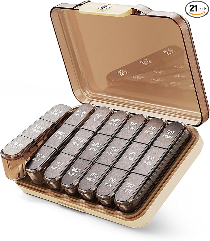 Weekly Pill Organizer 3X a Day, Detachable 7 Day Pill Box 3 Times a Day with Moisture-Proof Design, Portable Light-Proof Daily Pill Case for Pills,Vitamin,Fish Oil and Supplements(Brown)
