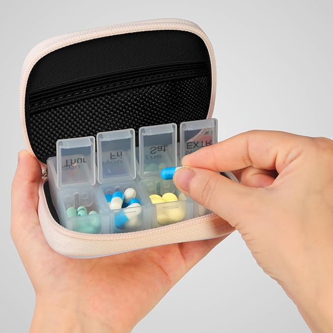 Pill Case Weekly Travel Pill Organizer for Purse with Removable 7 Day Pill Box Premium Neoprene Pill Container for Travel Purse Accessory, Vitamin, Supplement, Small Pieces Arrangement-Cream Yellow