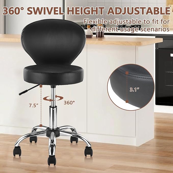 Leather Rolling Salon Stool with Back Support and Wheels Adjustable Height Swivel Spa Stools for Office Massage Facial Medical Drafting Tattoo Beauty Barber Lab Doctor Tattoo, Black, 2 Pack