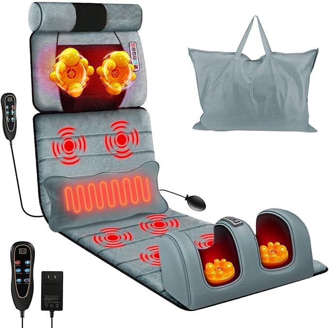 Full Body Massage Mat with Heat, Vibration Massage Pad with Detachable Shiatsu Neck Massager & Foot Massager, Inflatable Head Pillow and Lumbar Pillow, 10 Vibration Motors 3 Timers for Home Use