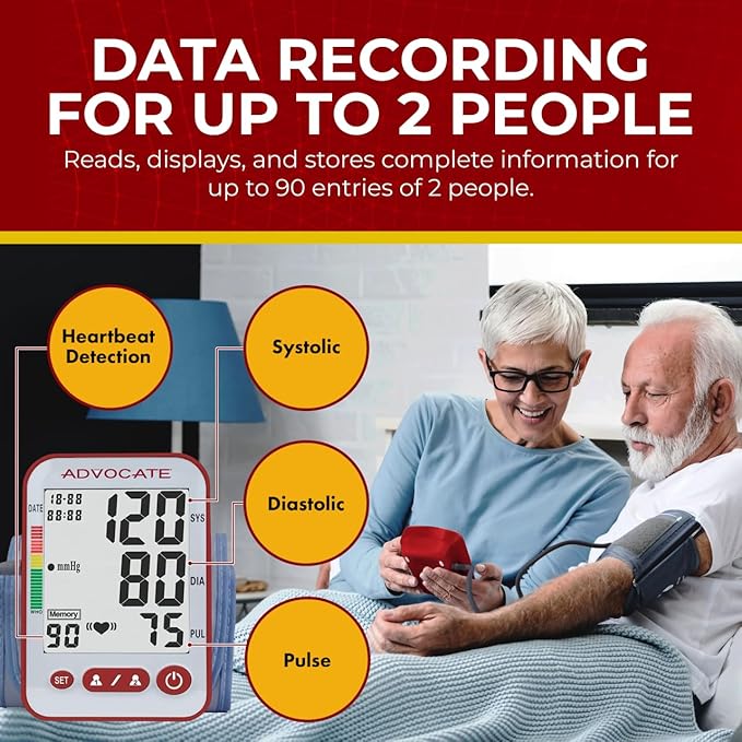 Digital High Blood Pressure Monitor for Home Use, Automatic Readings for Upper Arm Fit, Records Data for up to 2 Separate People, BP Cuff Machine Large