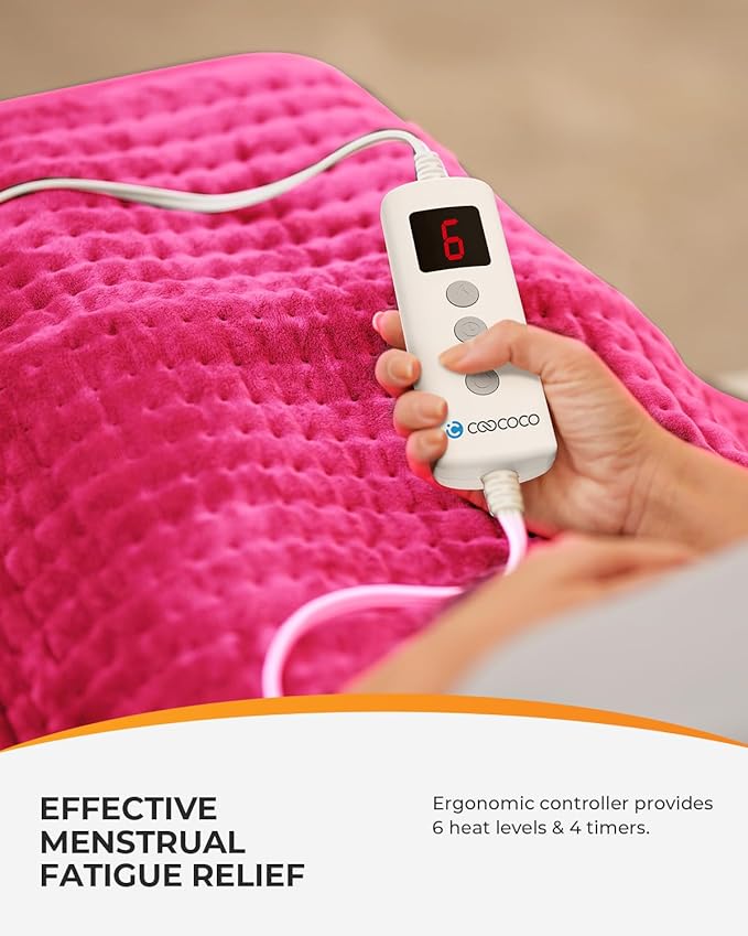 CooCoCo 18" x 33" Large Heating Pad for Back, FSA Eligible Pink Heating Pad for Period Cramps, Heated Pad, 6 Heat Settings, Auto Off, Moist Heat, Cute Heat Pad for Women Mom Wife Teens