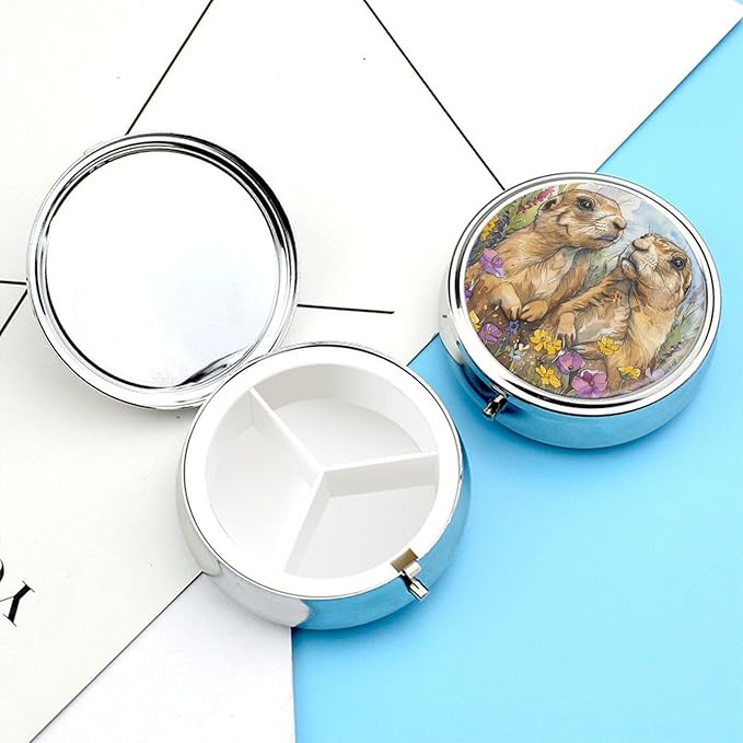 Two Prairie Dogs Pill Box Travel Pill Case for Purse Pocket Weekly Medicine Organizer with Mirror 3 Compartment Round Medicine Case Portable PillcaseHolder for Daily