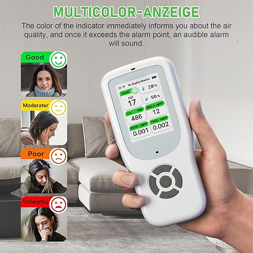 Air Quality Monitor Indoor 9 in 1, Portable Air Quality Tester for PM1.0, PM2.5, PM10, CO2, TVOC, HCHO, AQI, Temperature and Humidity with Alert for Home Office School