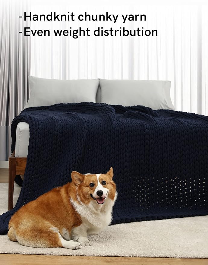 YnM 100% Cotton Weighted Blanket, Handmade Chunky Knitted Throw, No fillers Design, Soft and Breathable, Machine Washable Bed Blanket for Sleep or Home Decor (Navy Blue, 60x80 Inch, 25lbs)