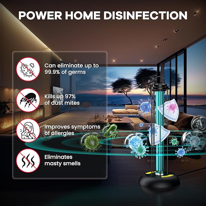 UV Light Sanitizer, 100W Ultraviolet Lamp with Remote Control for Bed Bugs and Dust Mites, Home Disinfection Device UV Lamp with Motion Sensor,3 Speed Timings for Home, Room & Kitchen