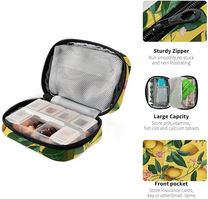 Lemons and Floral Pink Travel Pill Organizer Case Box Container Weekly Portable Vitamin Medicine Holder Storage Bag with Zipper Removable