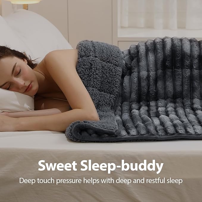 Sherpa Fleece Weighted Blanket with 3D Ribbed Stripes, 15 lbs Soft Flannel Heavy Throw Blanket for Couch Full Size Bed, Heavy Thick Blankets with Glass Beads, Great for Deep Sleep, 60" x 80"
