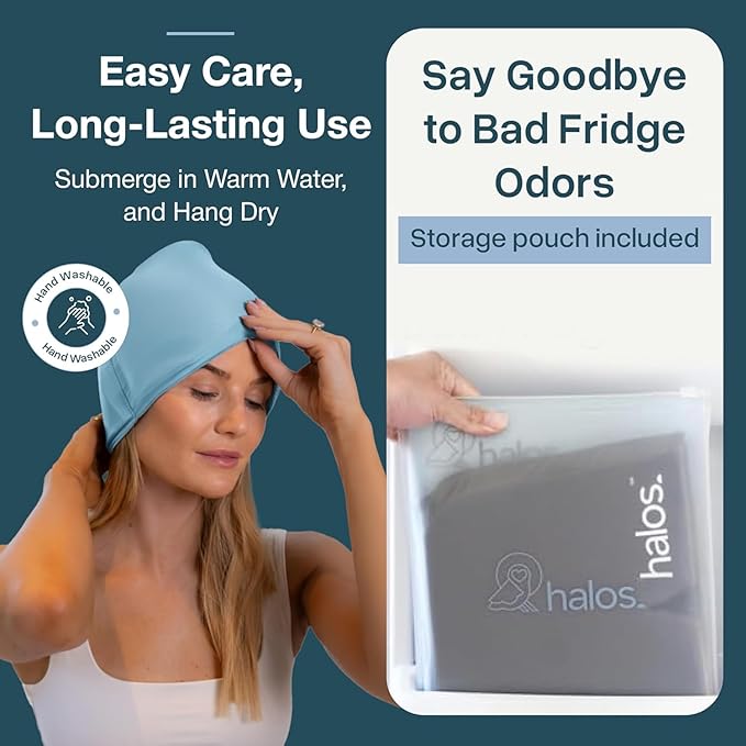 MyHalos® Migraine Relief Cap – 30% Thicker Ice Hat 2X Cooling Gel, Headache & Sinus Ice Pack Wrap, Cold Therapy for Migraine, Tension, Hangover, Facial Pain, Strap-Free, Odor-Free Storage Included