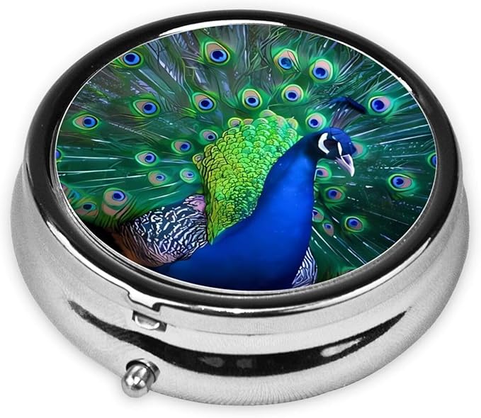 Beautiful Peacock Printed Round Travel Pill Box Cute Small Metal Pocket Pill Case for Men & Women 3 Compartment Portable Pill Organizer for Purse or Pocket