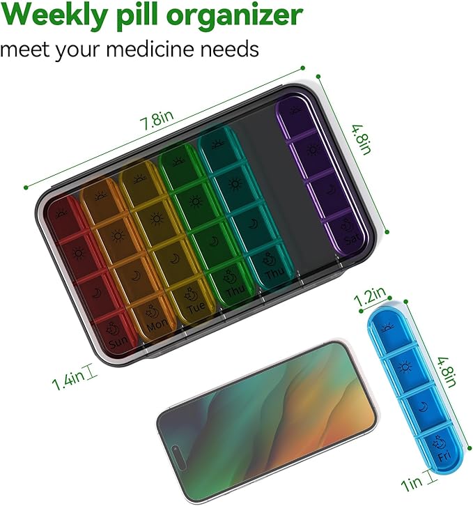 Zoksi Pill Organizer 4 Times a Day, BPA Free Weekly Travel Pill Box，Daily Pill Case with 28 Compartments to Hold Medicine, Vitamin and Supplement(Black)