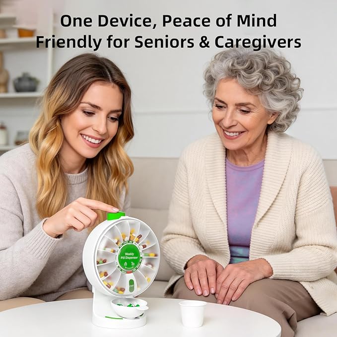 EziMedPil Pill Dispenser Daily, 14 Days Large Pill Organizer with One-Press Button, Standing Use or Wall-Mounted or Glass-Sticking Pill Container w/Med Cup, Weekly Pill Box for Vitamin,Medicine(Green)