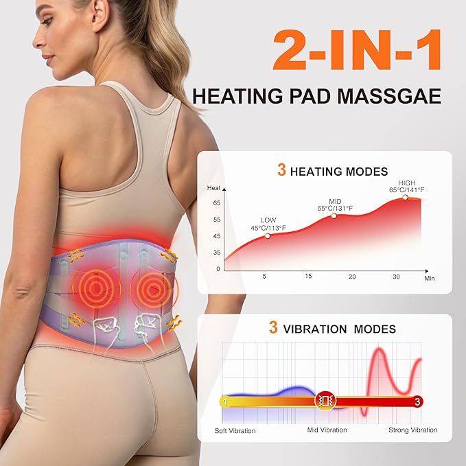 Graphene-Infused Cordless Heating Pad with Massager for Back, 5000mAh Rechargeable Portable Lower Back Massager with 3 Heat 3 Vibration with 20/30/40 mins Timer Options, Gifts for Women Men Mom Dad