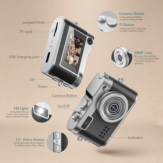 Mini Digital Camera, Keychain Camera 1080P HD with 2MP Lens, Flash, Video Recording, 32G Card Included, Portable and Compact Retro Vlog Camera for Travel, Kids, Black