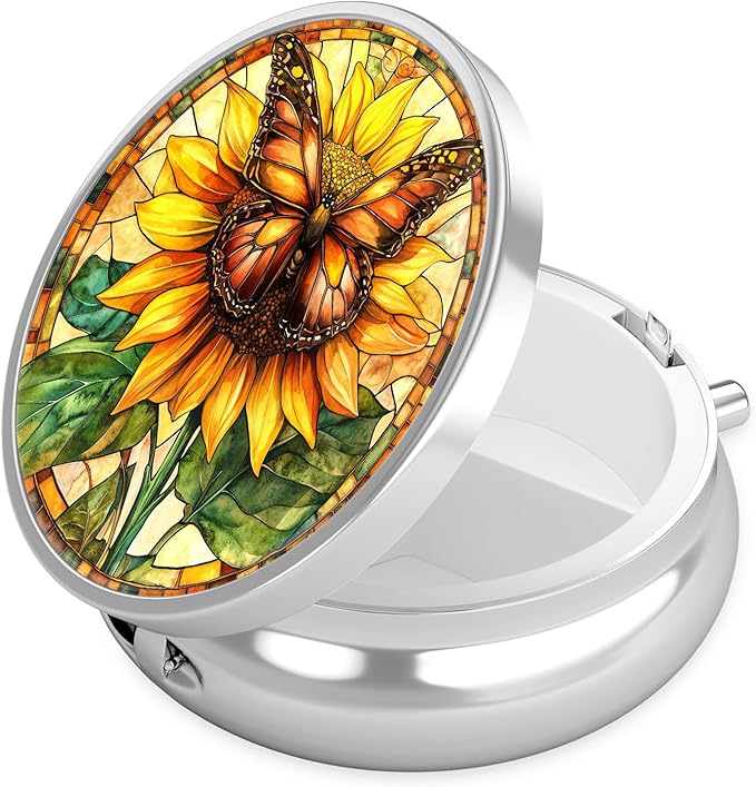 Sunflower Butterfly Pill Case, Pill Box 3 Compartments Metal Small Pill Holder with Mirror Mini Travel Pill Container for Purse Pocket Women Men