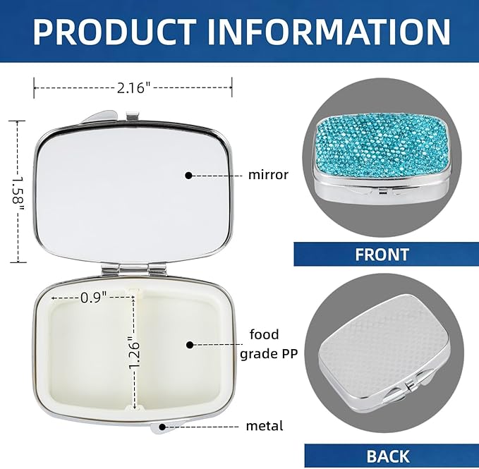 Pocket Pharmacy Bling 2 Compartment Medicine Organizer Small Cute Pill Container Travel Pill Box Case for Purse Square Vitamin Holder for Pocket(Lake Blue)