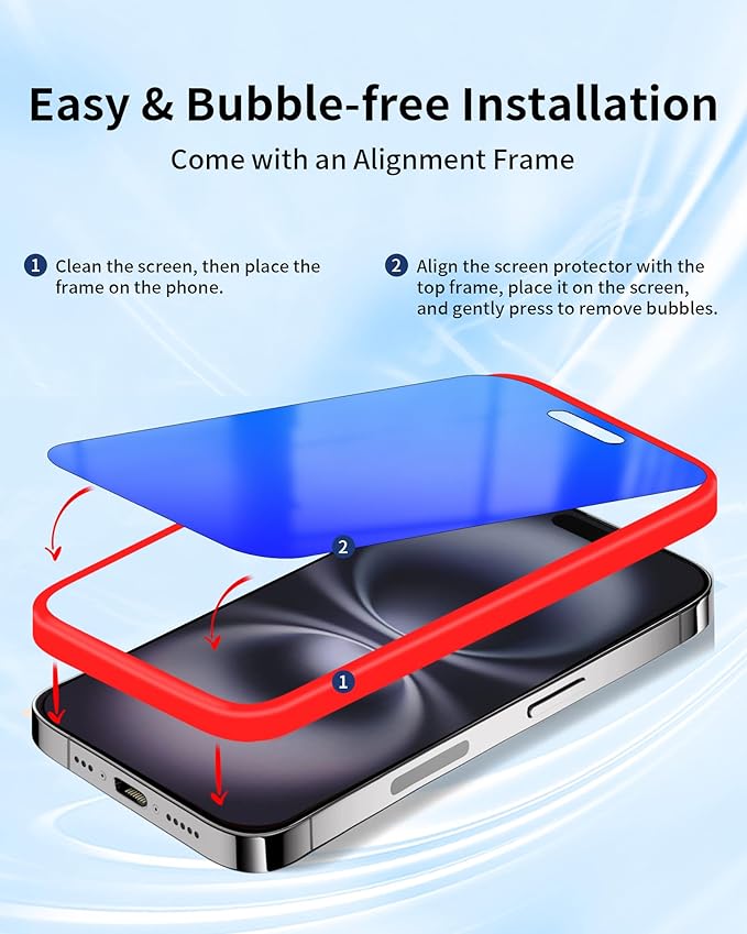 Privacy Screen Protector for iPhone 16 Tempered Glass for, 2 Pack 25 Degree Anti-Spy Gradient Colorful Anti-Blue Light Eye Protection with Installation Frame Case Friendly (6.1 inch Blue)