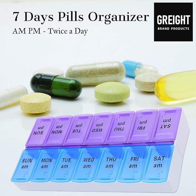 7 Day Weekly Pill AM PM Organizer - Twice a Day - Pill Case for Medicines, Vitamins, and Supplements (Pack of 2)