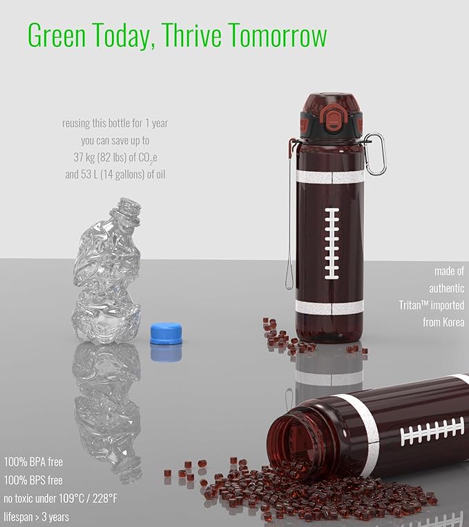 32oz/1L Sport Water Bottle, Light Tritan, Quick-Open Chug Lid/Straw 2-in-1, Leak-Proof, Dishwasher-Safe, BPA-Free, Drop-Resist & Scratch-Resist for Travel/Gym/Fan Gift (American Football)