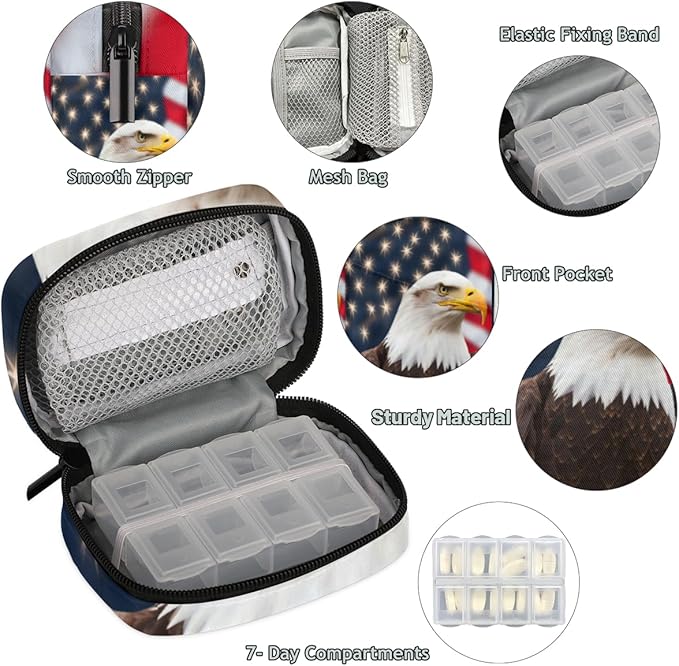 American Flag Eagles Travel Pill Organizer Bag Portable Weekly Pill Box Travel Medicine Organizer 7 Day Pill Case with Zipper for Daily Travel Family Business