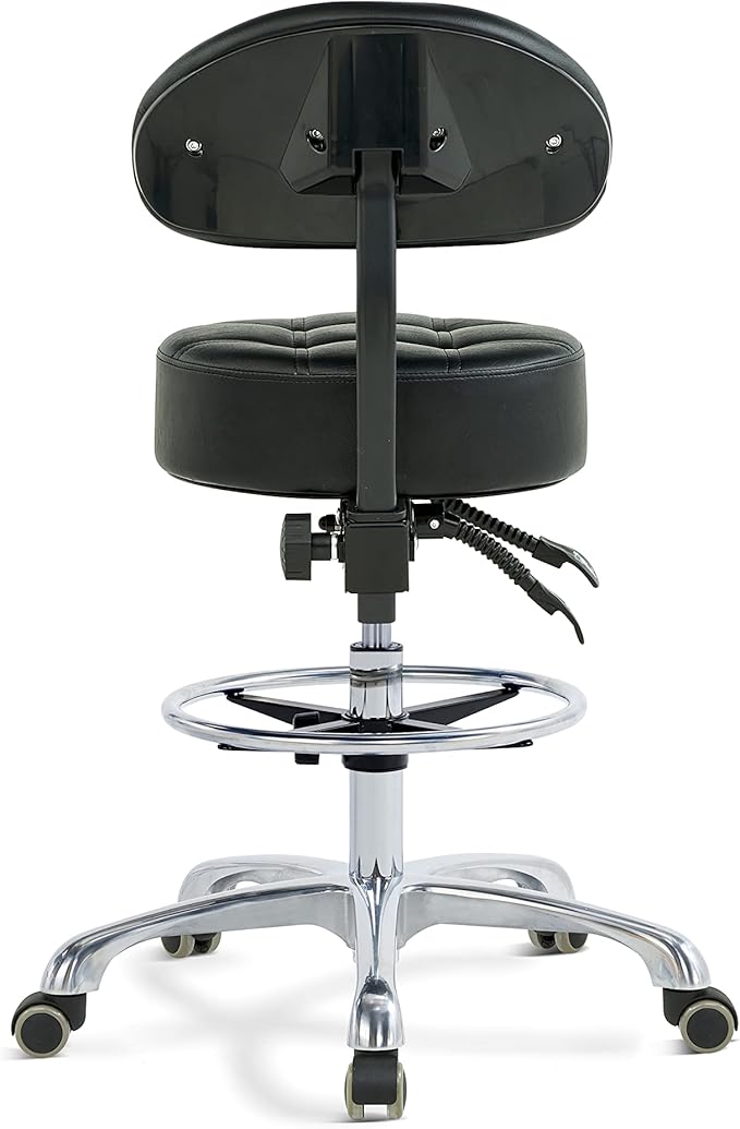 Grace & Grace Height Adjustable Rolling Swivel Tall Stool Chair with Back Support,Heavy Duty Stool with Wheels for Salon,Massage, Factory, Shop,Work (Black,with Back Support)