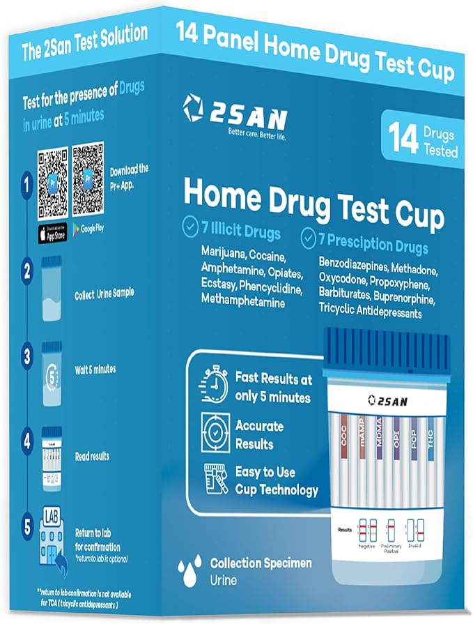 2San 14-Panel Drug Test Cup – Fast 5-Min Results – Screens for THC Cocaine Meth Opiates PCP MDMA Oxy & More – Accurate at-Home Urine Test Kit