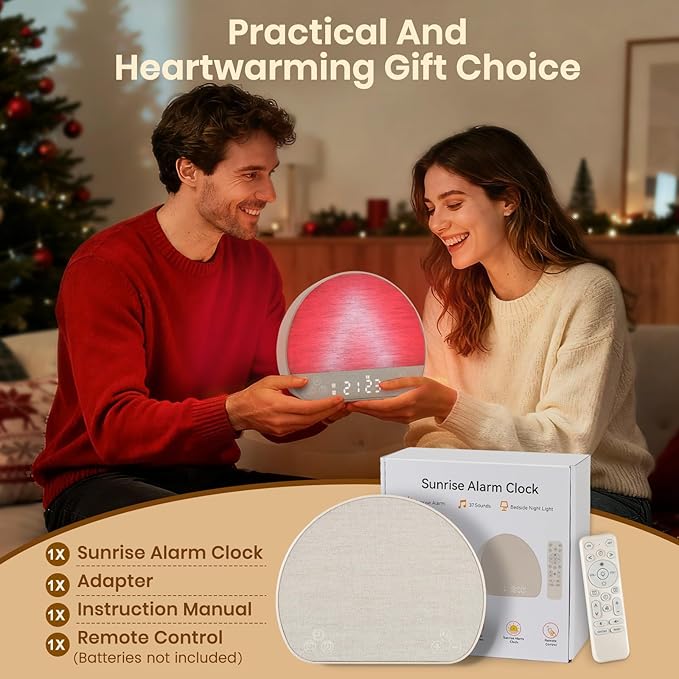 Sunrise Alarm Clock Wake Up Light for Heavy Sleeper, White Noise Sound Machine 37 Sounds, Bluetooth Speaker, Tap Snooze, Remote Control, USB Port, 15 Color Dimmable NightLight for Bedroom