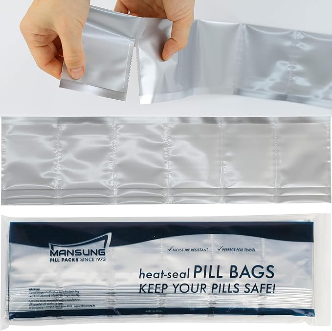 Mansung M 600 - Mylar Heat Seal Pill Bags 2.7x3.5 inch/Silver - Mylar Aluminum Foil Pillsuite Organizer Packets with Notch Easy Tear Smell Proof Packaging Food Storage Heat Sealable Open Top Pouch
