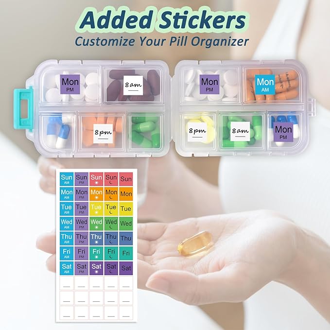 2 Pack Pill Organizer Travel Case - 10 Compartments Portable Medicine Container with 330 Labels, Double Lock Design (White & Chocolate, 2 Boxes)
