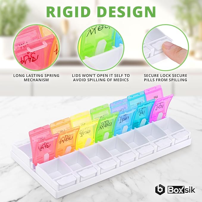 Pill Box Organizer (Rainbow), 7-Day 2 Times a Day Medicine Storage Case w/Spring Opening & Detachable Compartments, Weekly Tablet Pills Container for Vitamins, Supplements & Travel Medication