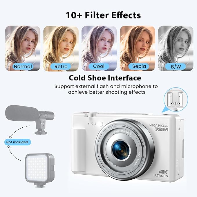 4K Digital Camera with Flip Screen, CCD Camera for Students, Compact Travel Cameras for Photography, 18X Digital Zoom Vlogging Cameras for YouTube, Ideal for Bignners Boys Girls Kids