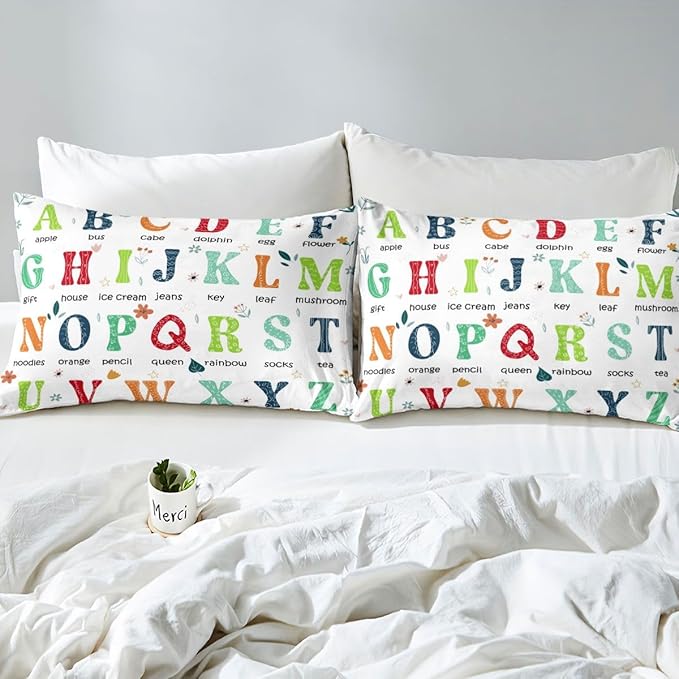 ABC Alphabet Fitted Sheet Full Size, Learning Educational Bedding Set Cute Cartoon Funny Positive Words Bed Sheet Set for Kids Toddler Educational Bed Cover 3Pcs (No TOP Sheet)